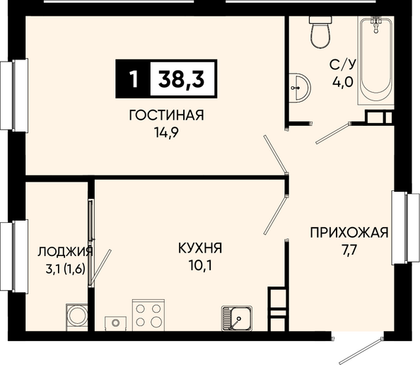 Планировка 1-комн 38,3, 38,6 м²