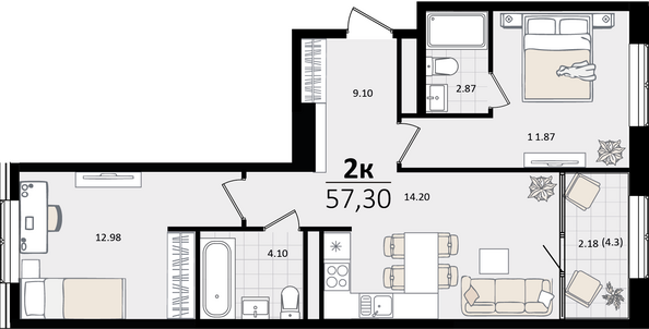 Планировка 2-комн 57,3 м²