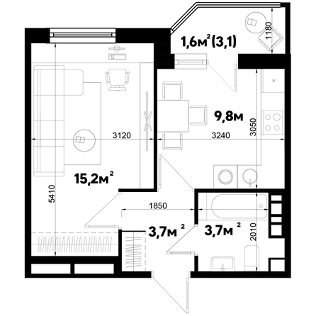 Планировка 1-комн 34 м²