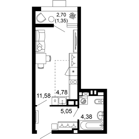 Планировка 1-комн 27,14 м²