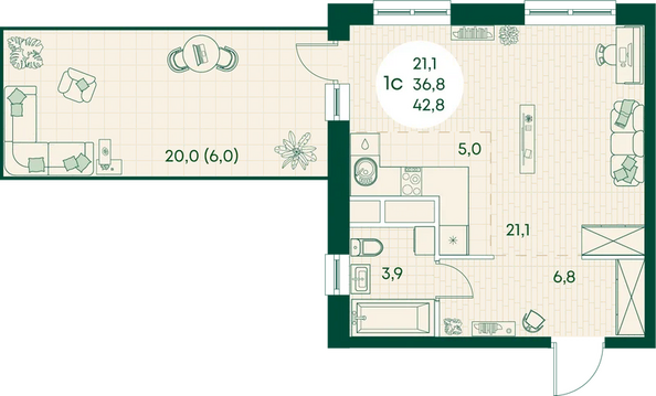 Планировка Студия 42,8 м²