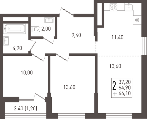 Планировка 2-комн 66,1 м²