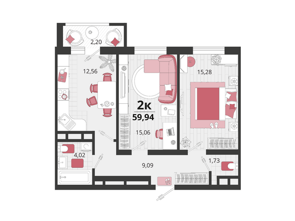 Планировка 2-комн 59,94 м²