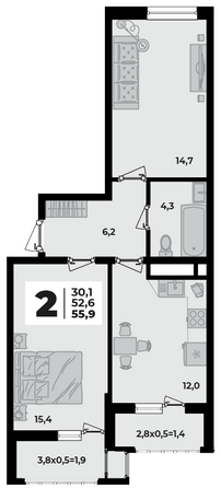 Планировка 2-комн 55,9 м²