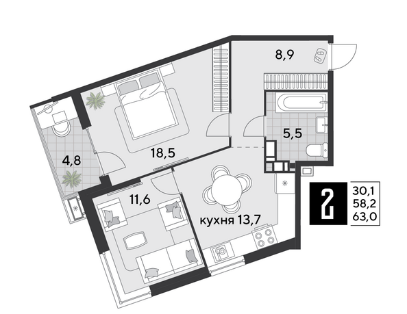 Планировка 2-комн 63 м²