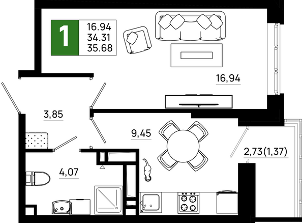 Планировка 1-комн 35,68 м²