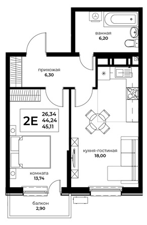 Планировка 2-комн 45,11 м²
