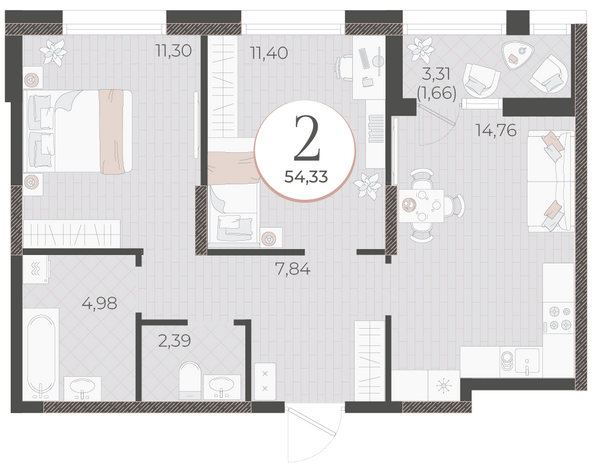 Планировка 2-комн 54,33 м²