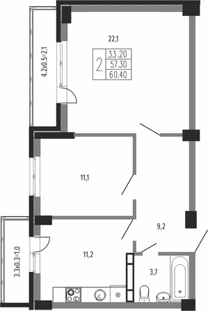 Планировка 2-комн 60,4 м²