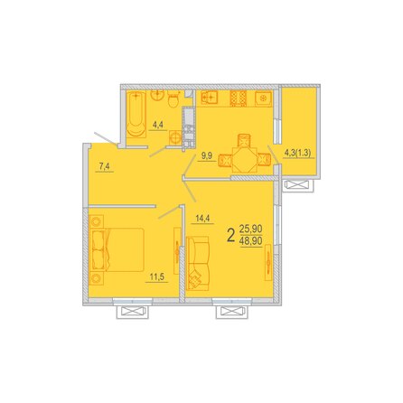 Планировка 2-комн 48,9 м²