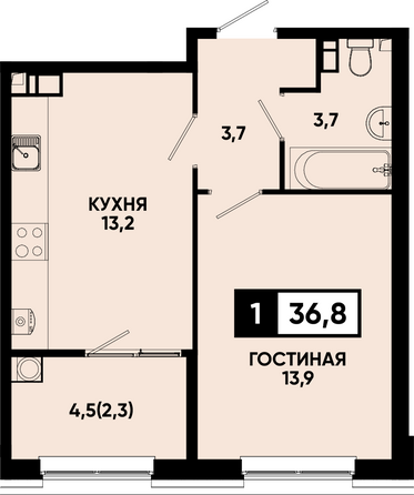 Планировка 1-комн 36,8 м²