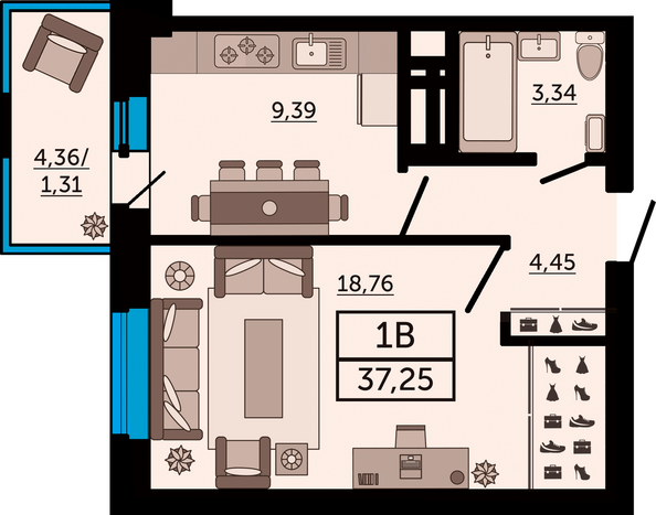 Планировка 1-комн 37,25 м²