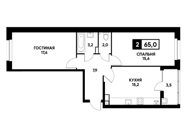 Планировка 2-комн 65 м²