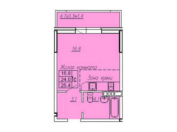 Планировка 1-комн 25,4 м²