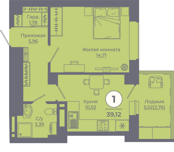 Планировка 1-комн 39,08 - 39,82 м²
