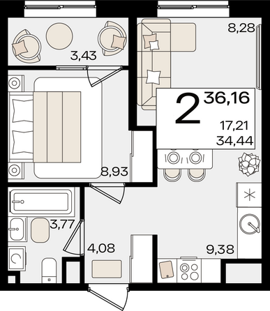 Планировка 2-комн 36,16 м²