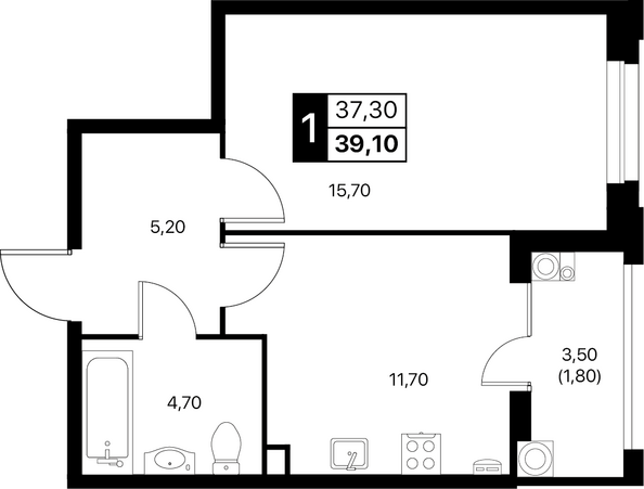 Планировка 1-комн 39,1 м²