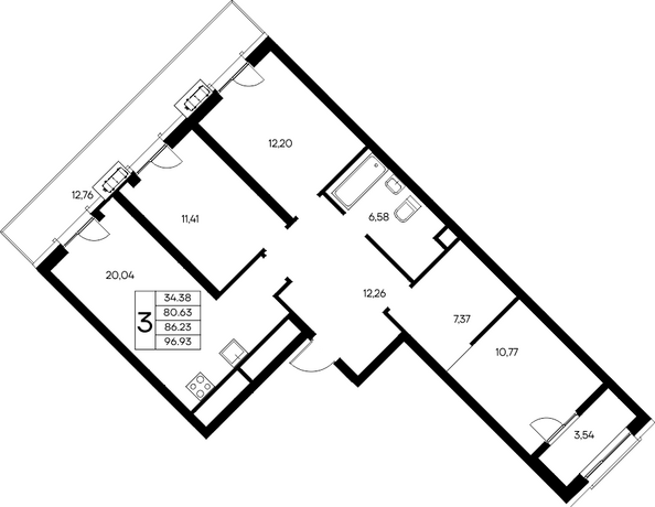 Планировка 3-комн 96,93 м²