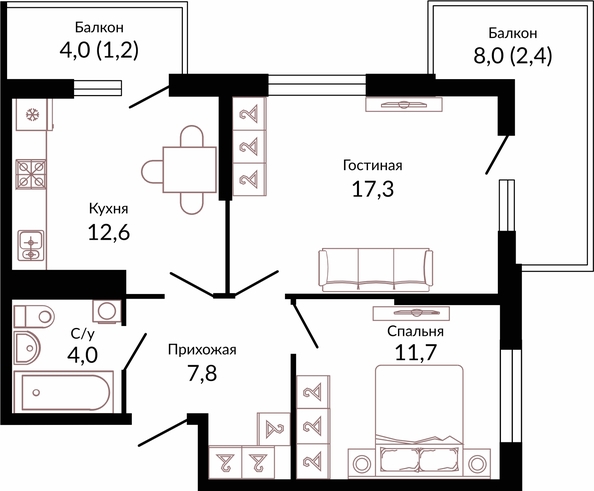 Планировка 2-комн 57 м²