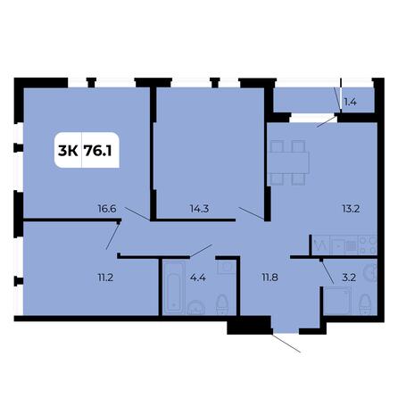 Планировка 3-комн 76,1 м²