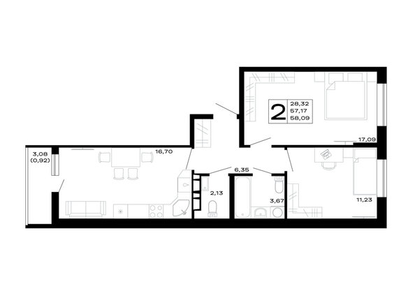 Планировка 2-комн 58,09 м²