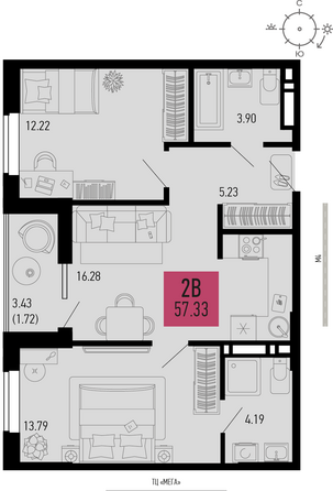 Планировка 2-комн 57,33 м²