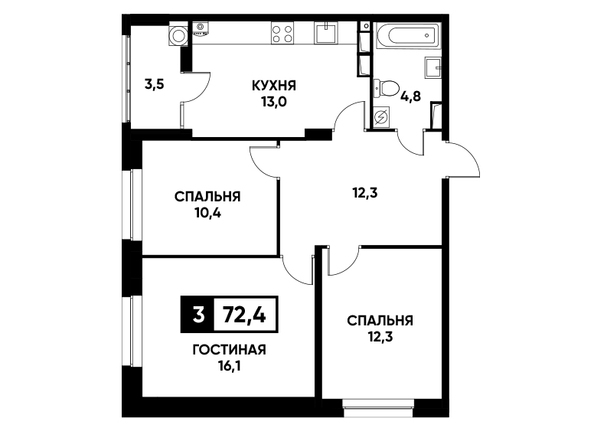 Планировка 3-комн 72,4 м²