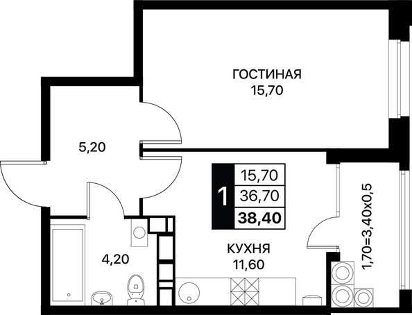 Планировка 1-комн 38,4 м²