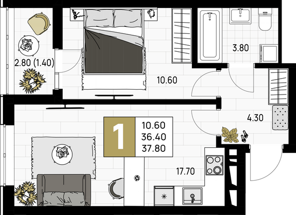 Планировка 1-комн 37,8 м²