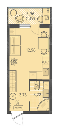 Планировка Студия 19,93, 20,03 м²