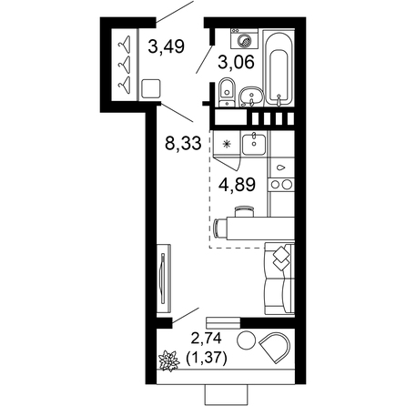 Планировка 1-комн 21,14 м²