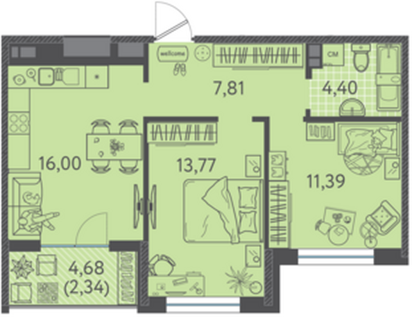 Планировка 2-комн 55,71 м²