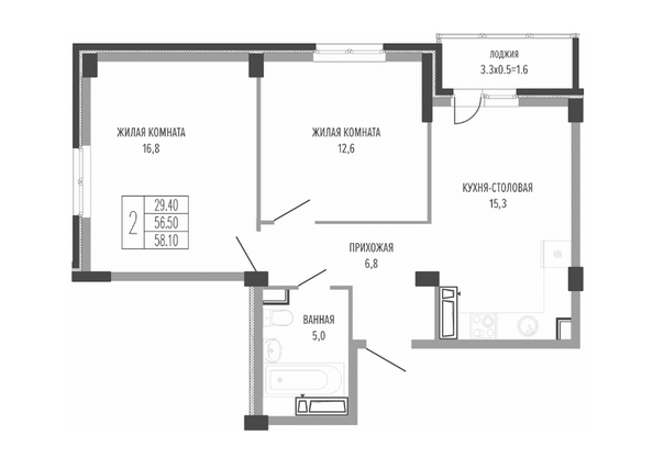 Планировка 2-комн 58,1 м²