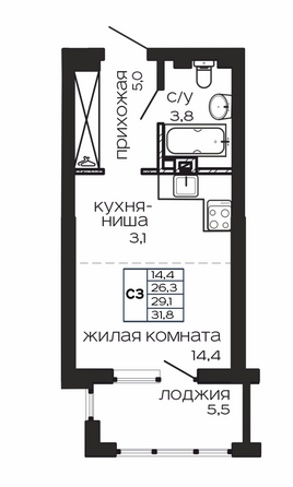 Планировка 1-комн 31,8 м²