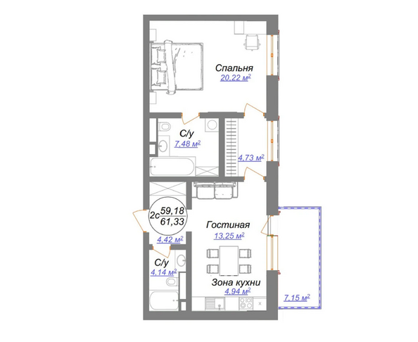 Планировка 2-комн 61,33 м²