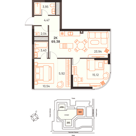 Планировка 2-комн 69,38, 69,39 м²