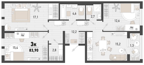 Планировка 3-комн 83,9 м²
