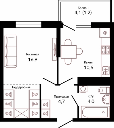 Планировка 1-комн 37,4 м²