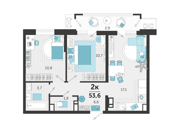 Планировка 2-комн 53,6, 53,7 м²