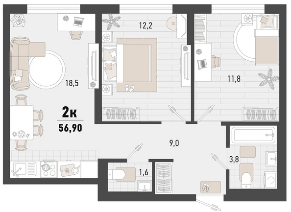 Планировка 2-комн 56,9 м²