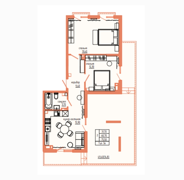 Планировка 3-комн 75,5 м²