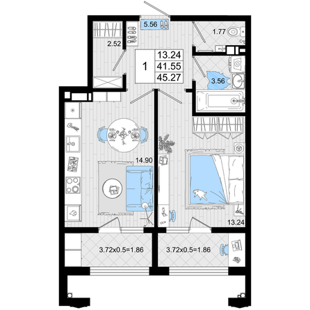 Планировка 1-комн 45,27 м²