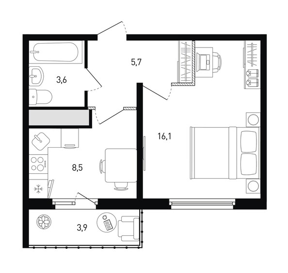 Планировка 1-комн 35,1, 35,2 м²
