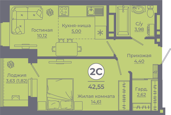 Планировка 2-комн 42,38 - 42,91 м²