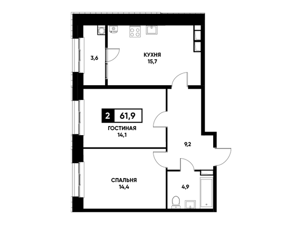 Планировка 2-комн 61,9, 62,2 м²