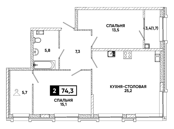 Планировка 1-комн 74,3, 74,8 м²