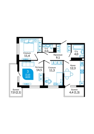 Планировка 3-комн 68 - 68,3 м²