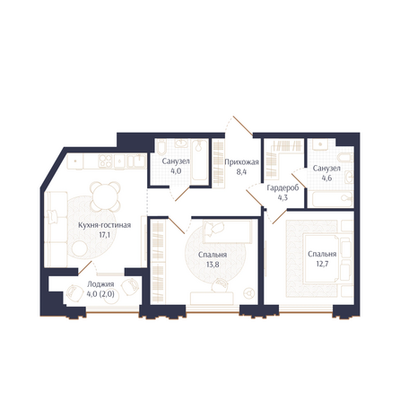 Планировка 2-комн 66,9 м²