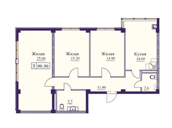 Планировка 3-комн 90,3 м²