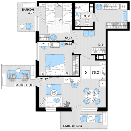 Планировка 2-комн 76,21 м²